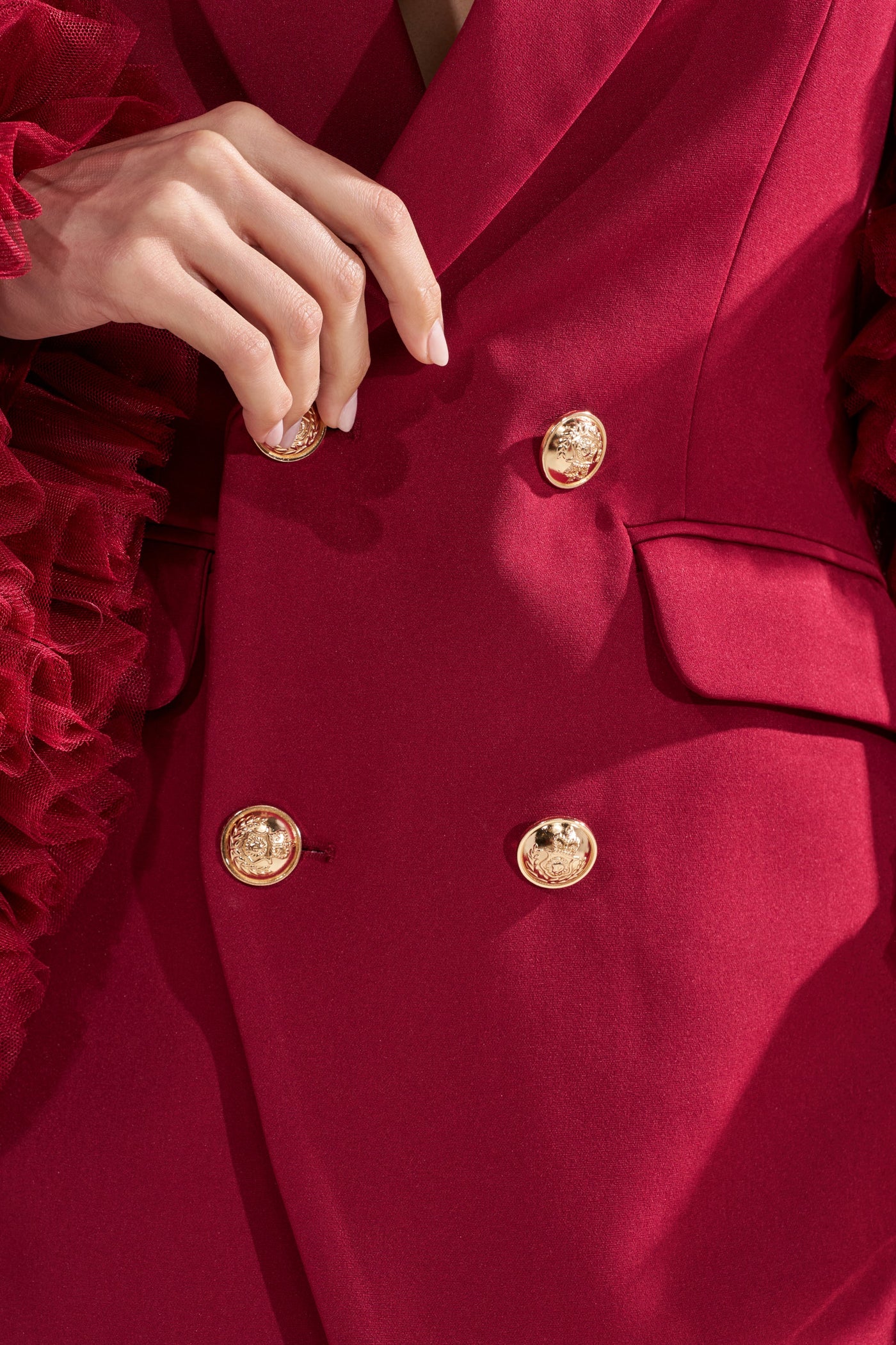 LIVING OVER THE TOP RUFFLE SLEEVE BLAZER MINI DRESS IN BURGUNDY