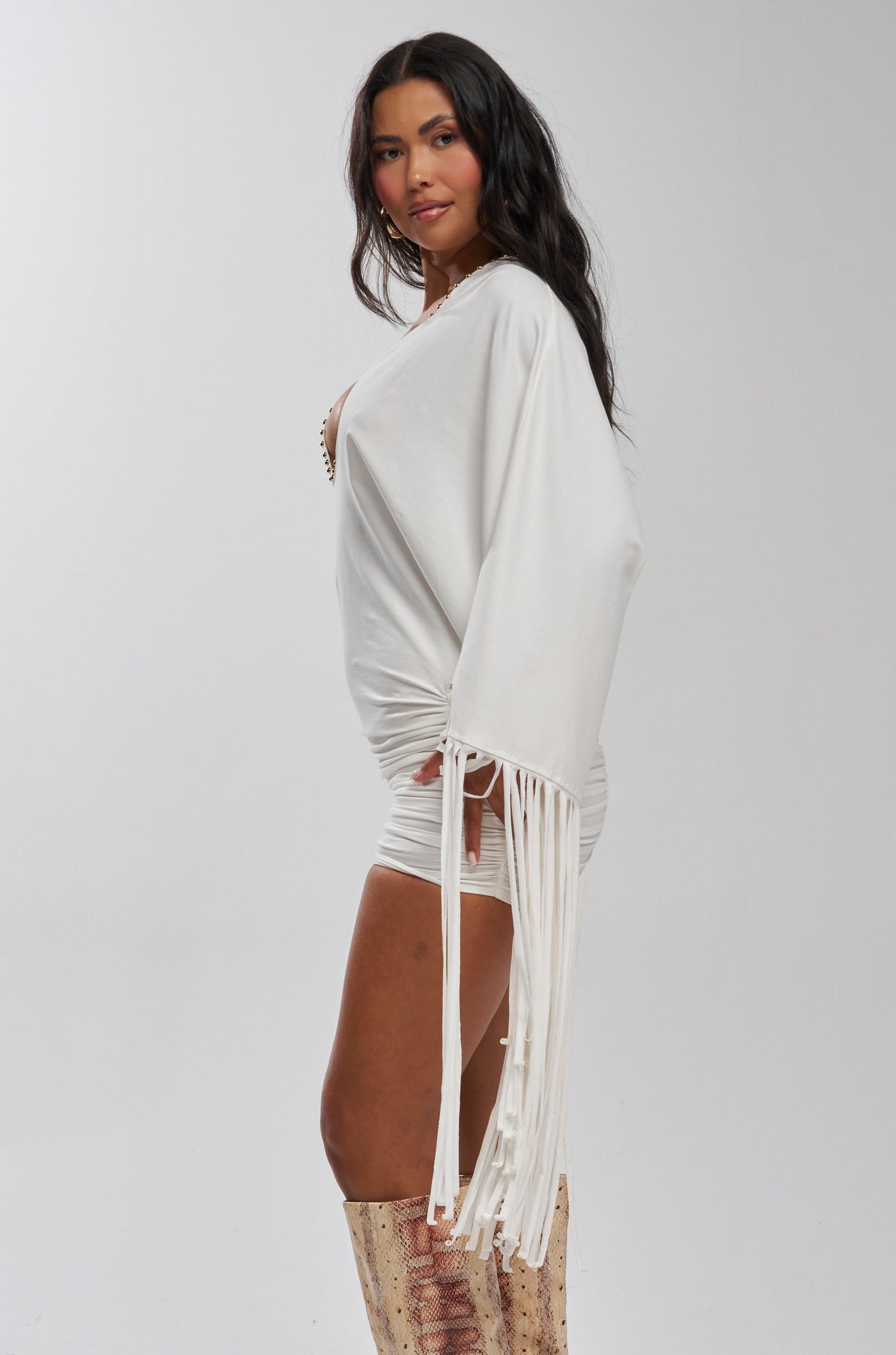 VANESSA DEEP V FRINGE MINI DRESS IN WHITE