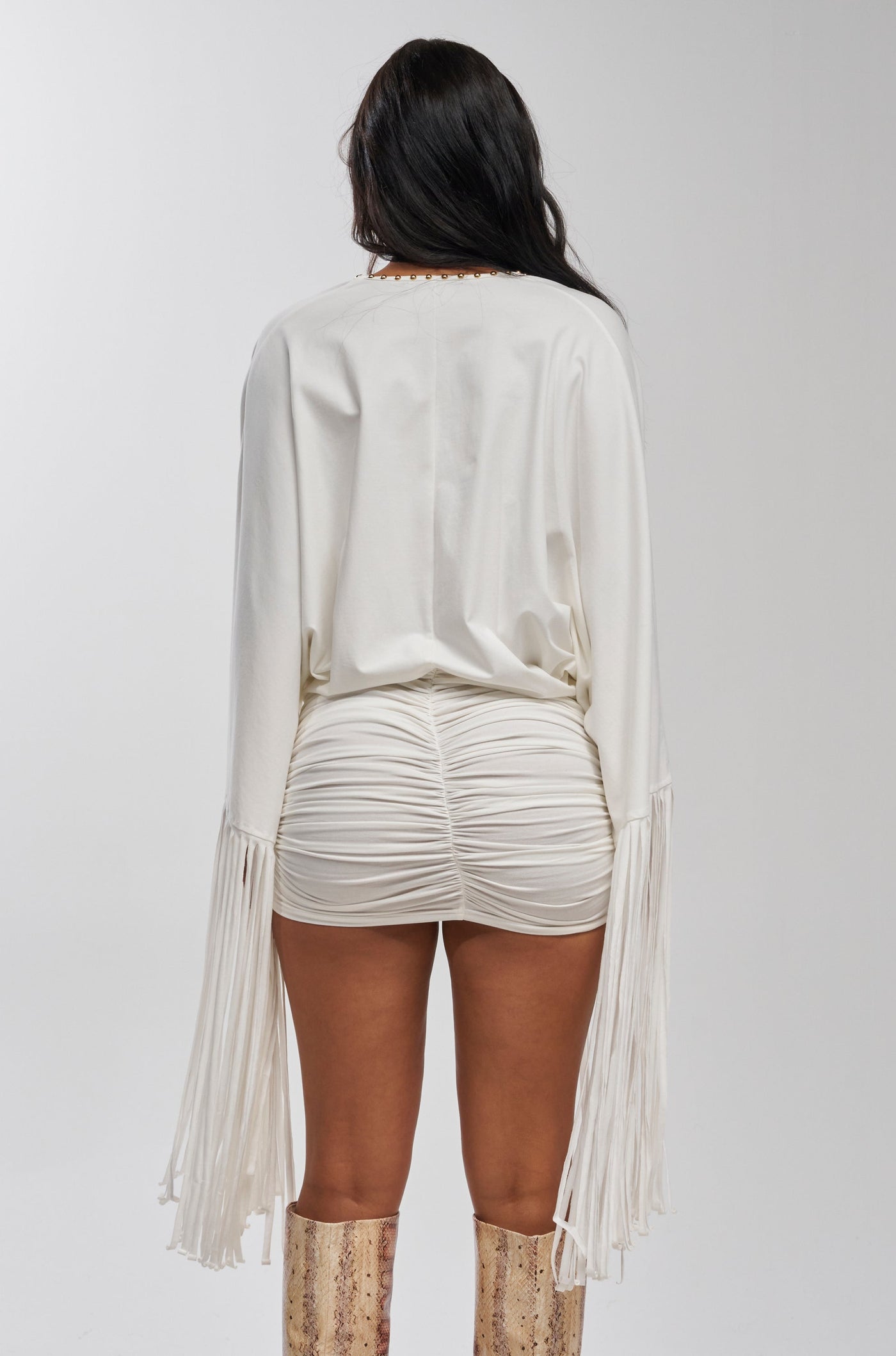 VANESSA DEEP V FRINGE MINI DRESS IN WHITE