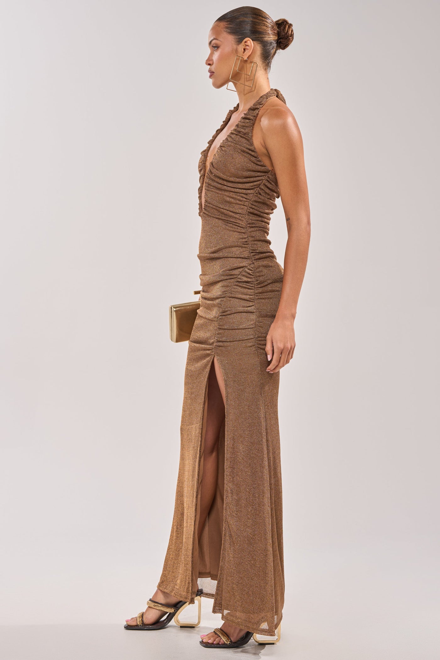 SERPENTI PLUNGE MAXI DRESS IN METALLIC BROWN