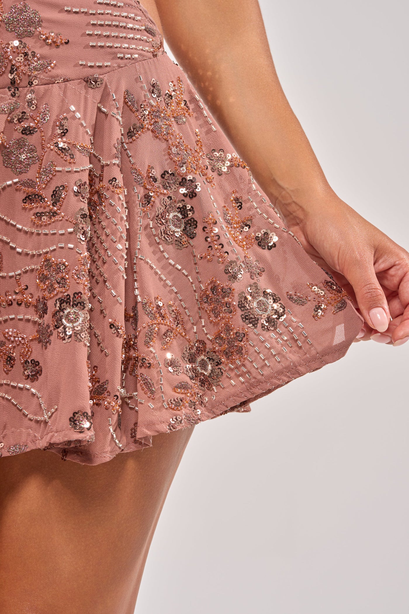 FELICITY EMBELLISHED MINI DRESS IN BROWN