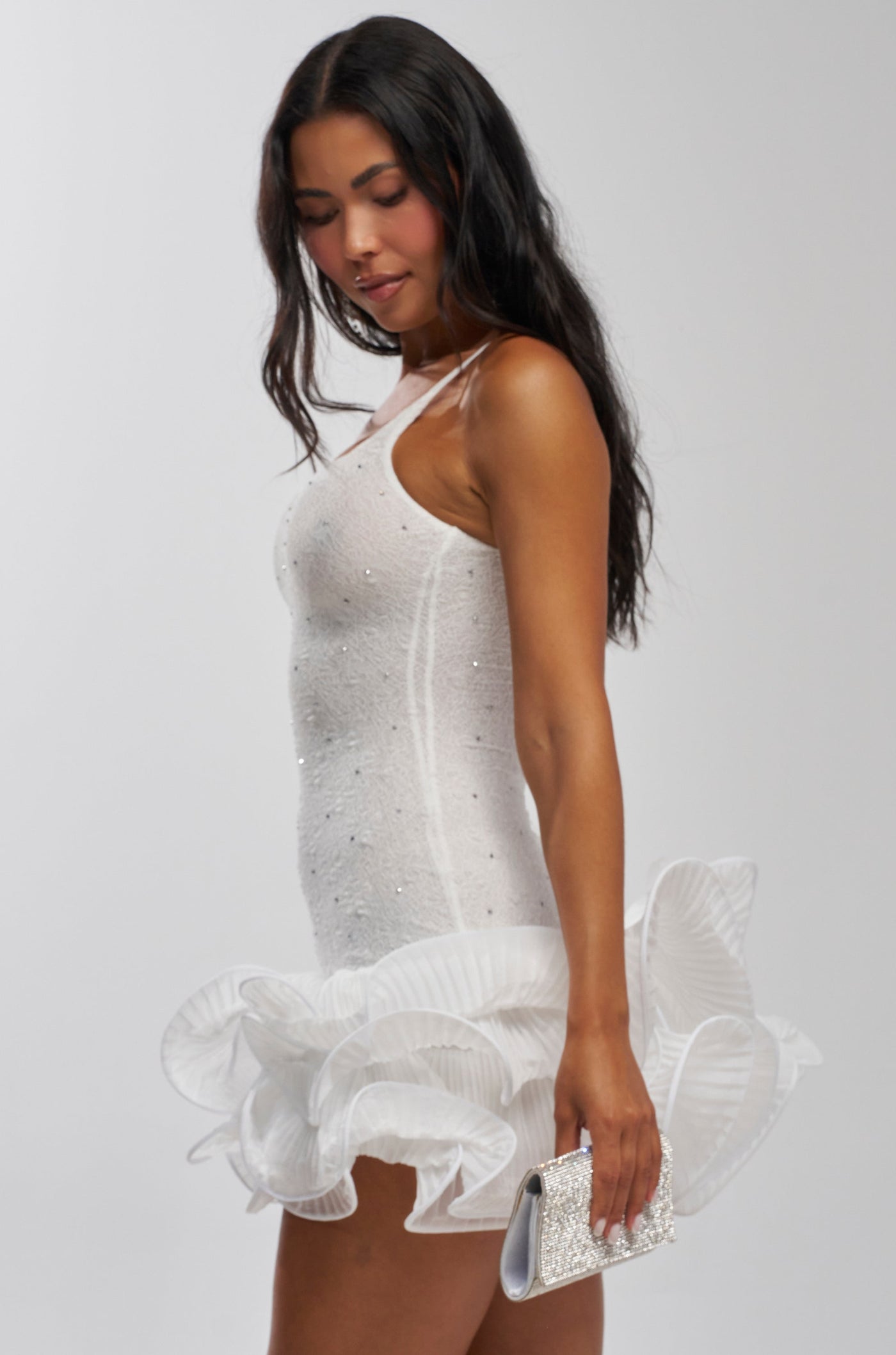 LATE NIGHT ENERGY RHINESTONE MINI DRESS IN WHITE