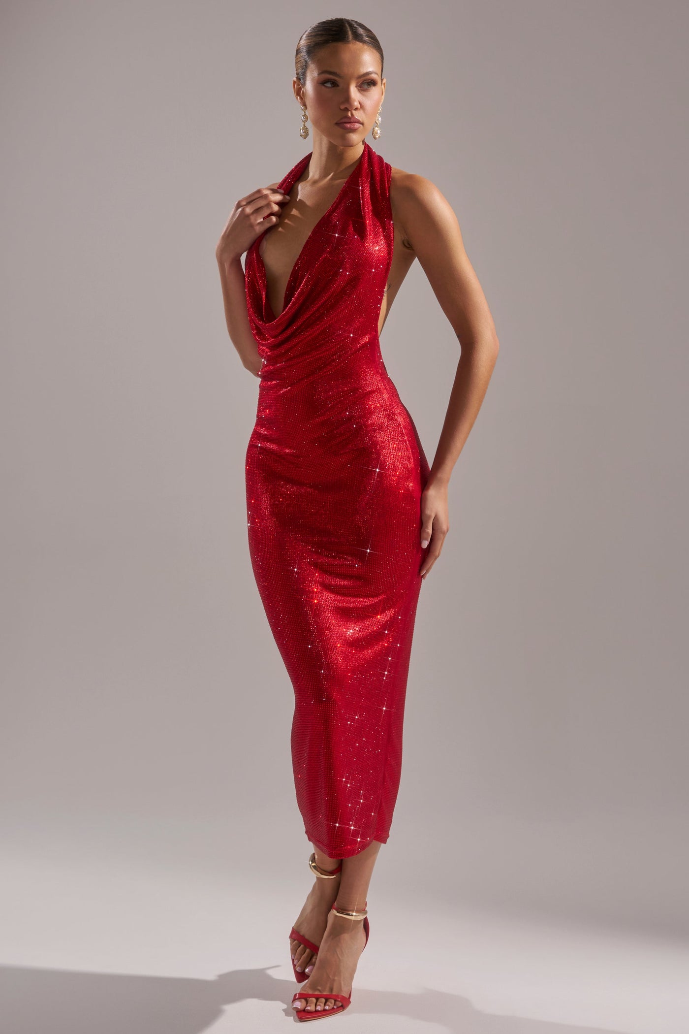 POPPIN' BOTTLES RHINESTONE MAXI DRESS IN RED