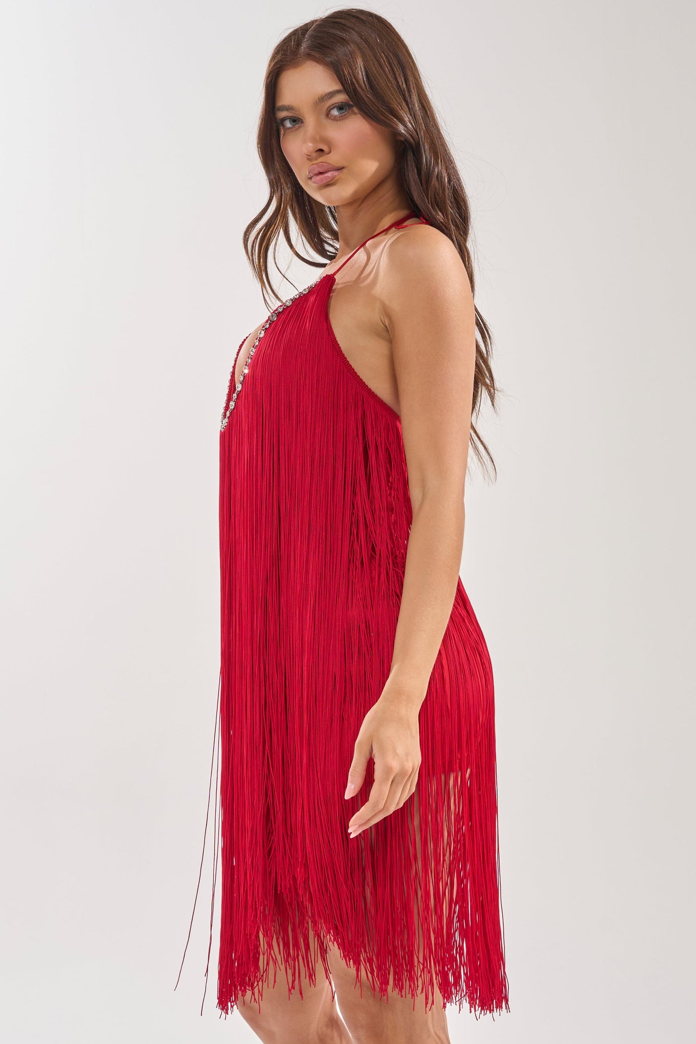 LET'S CELEBRATE FRINGE MINI DRESS IN RED