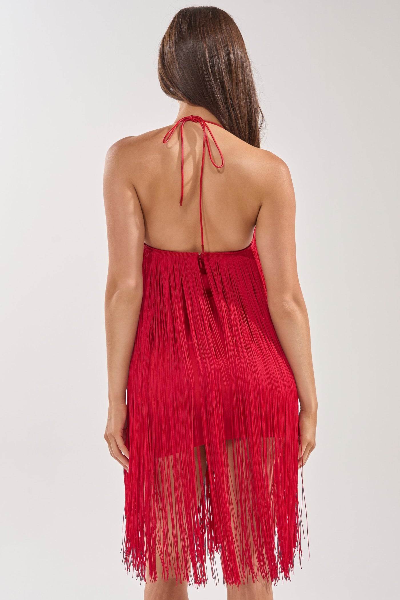 LET'S CELEBRATE FRINGE MINI DRESS IN RED