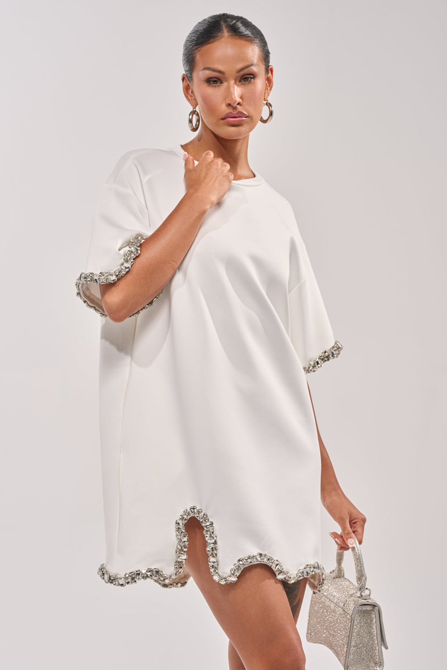 COOL GIRL EMBELLISHED TEE SHIRT DRESS IN WHITE
