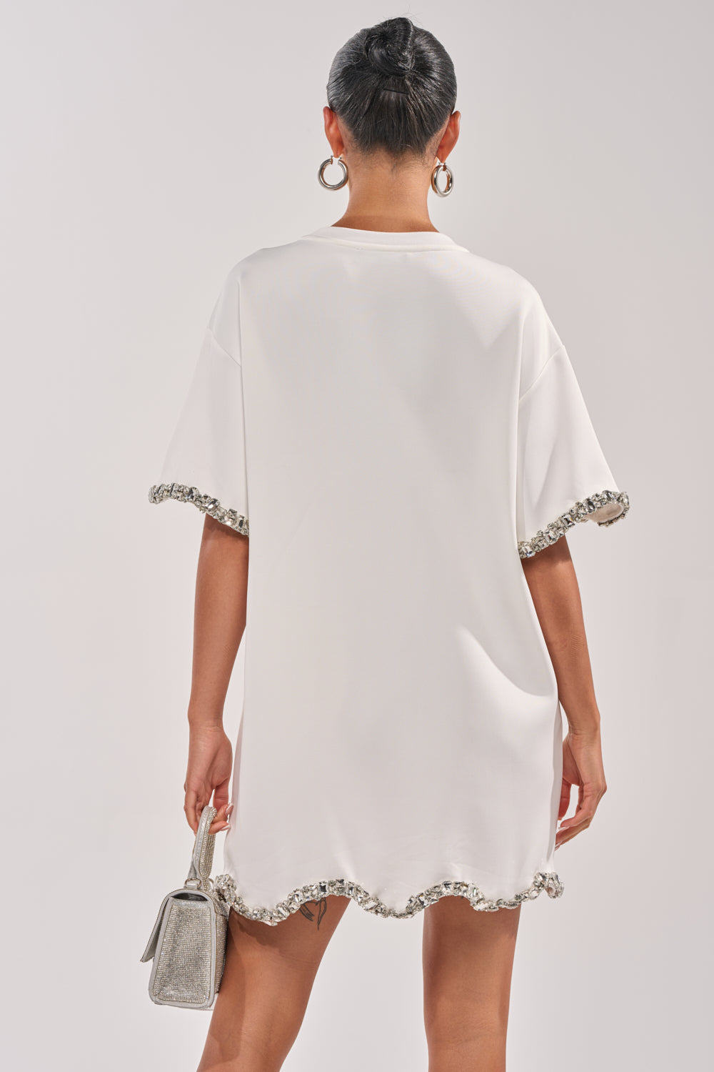 COOL GIRL EMBELLISHED TEE SHIRT DRESS IN WHITE