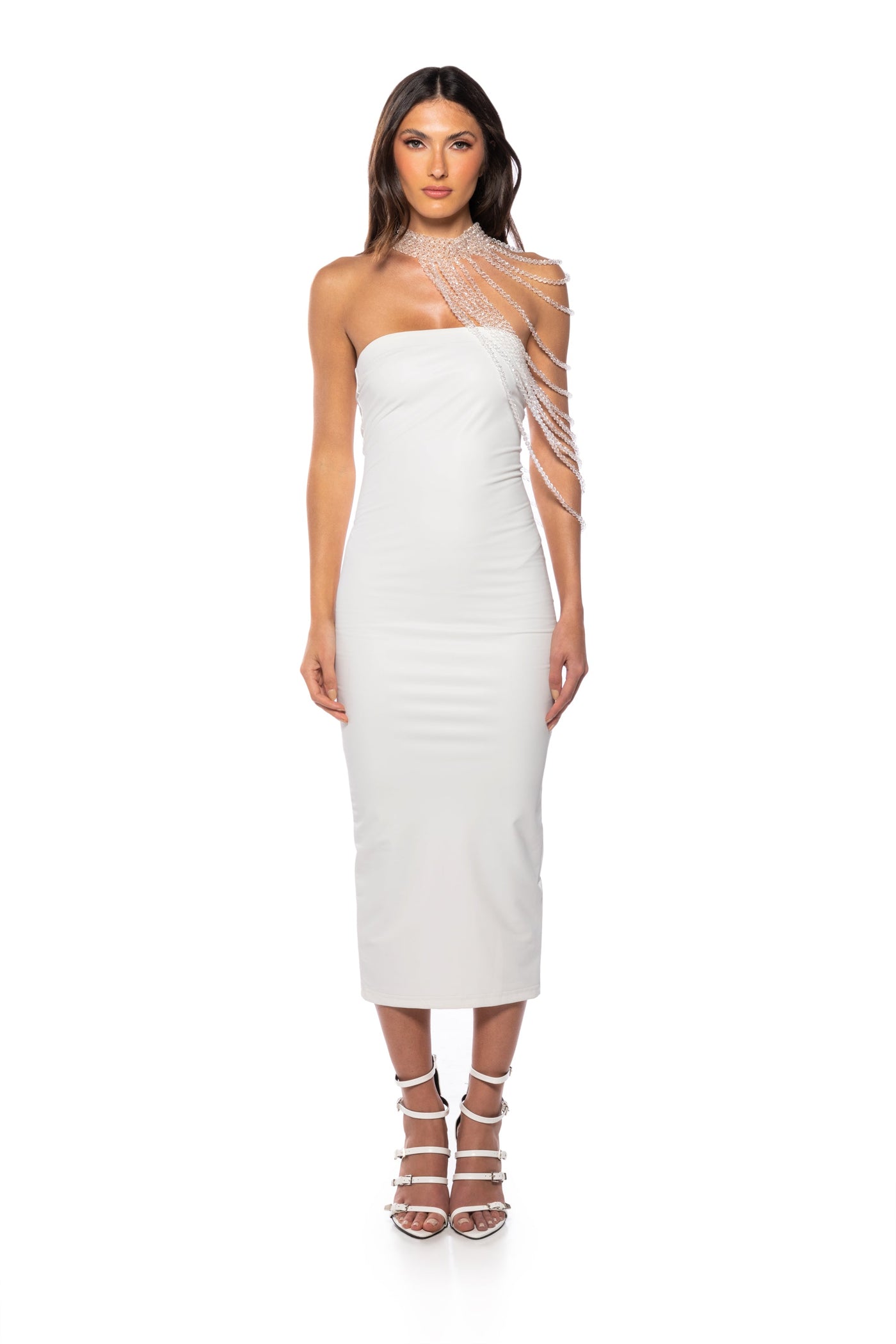 FRONT ROW BODYCON STRAPLESS MAXI DRESS IN WHITE