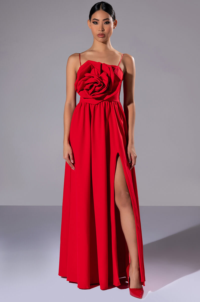 LA FLOR MAXI 3D ROSE DRESS WITH SLIT