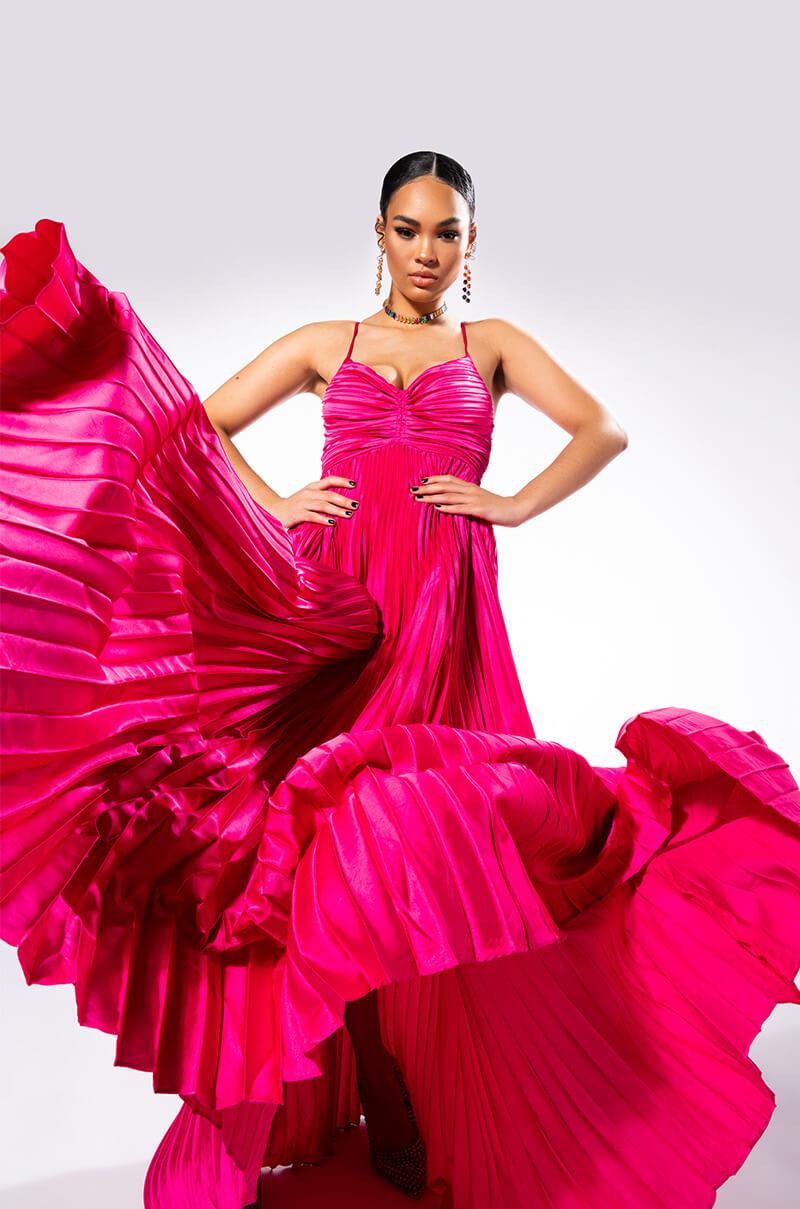 LILY PLEATED SATIN MAXI DRESS