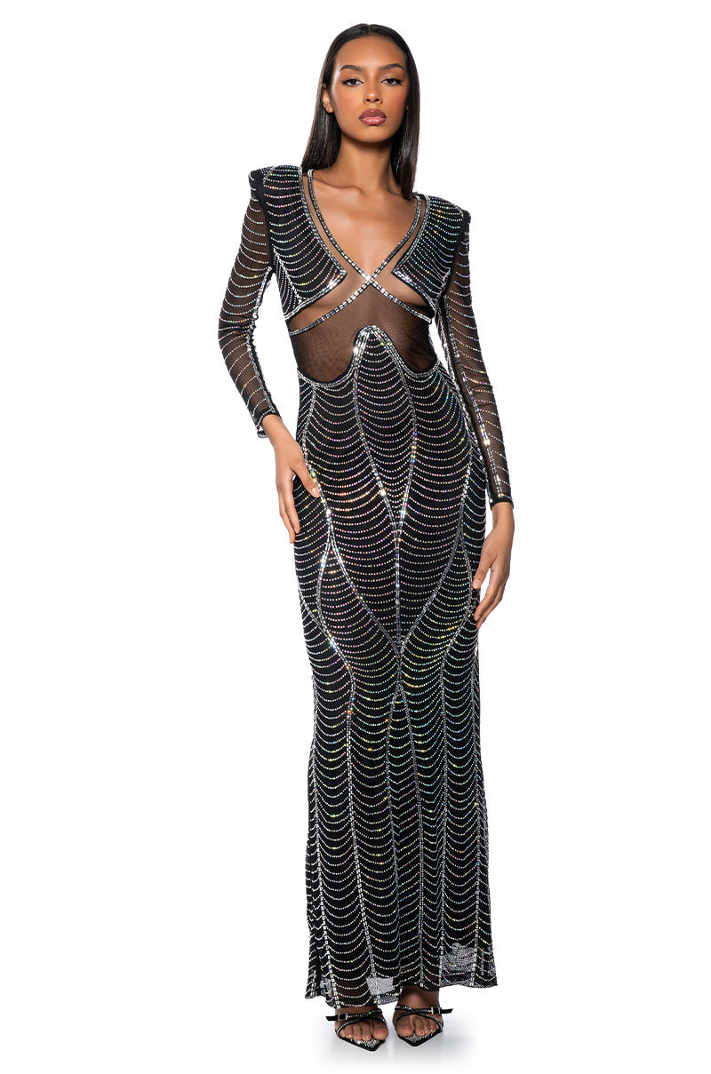 STUNNER RHINESTONE DETAIL MESH GOWN