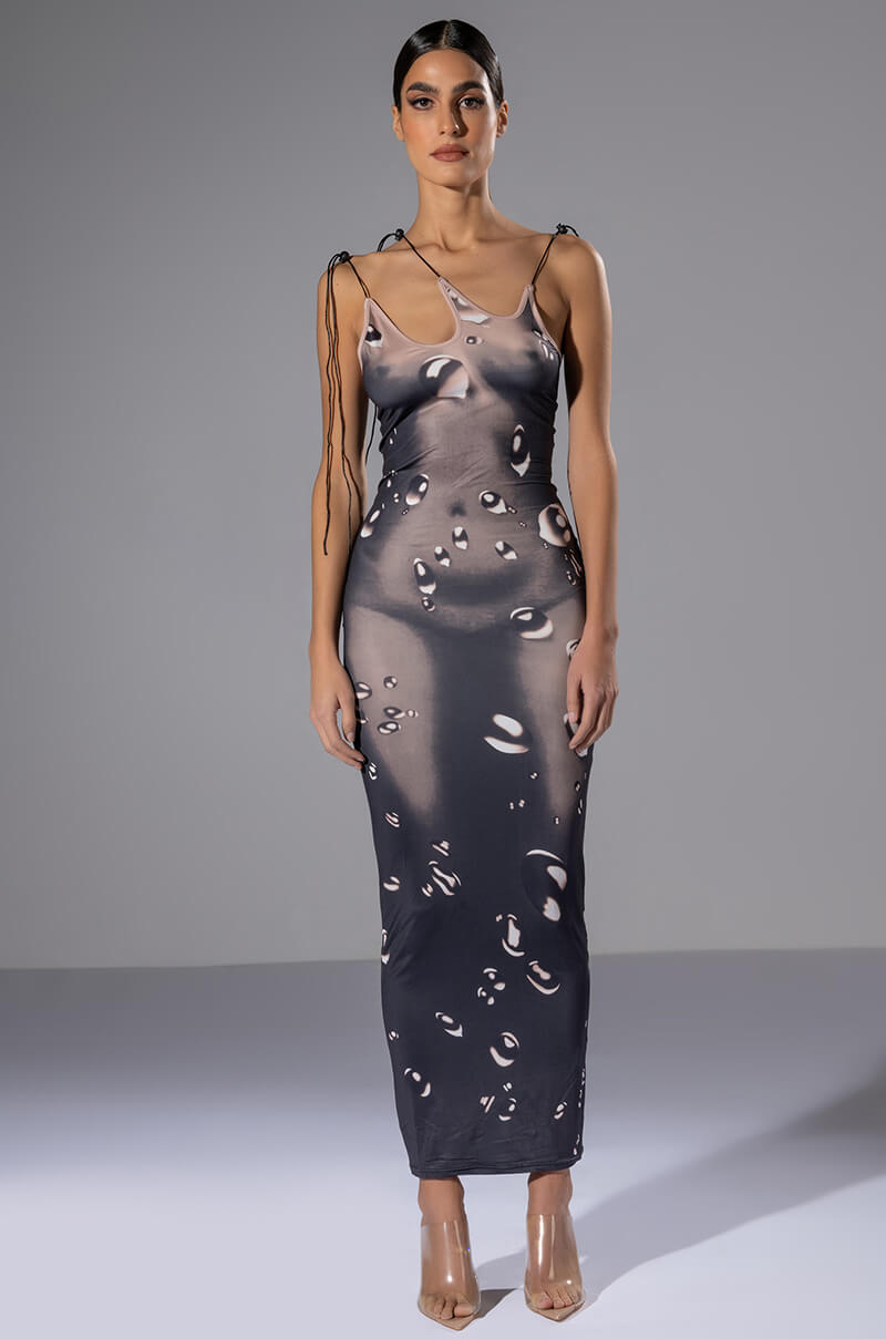SYREN ASYMMETRICAL TIE NECK BODYCON MAXI DRESS